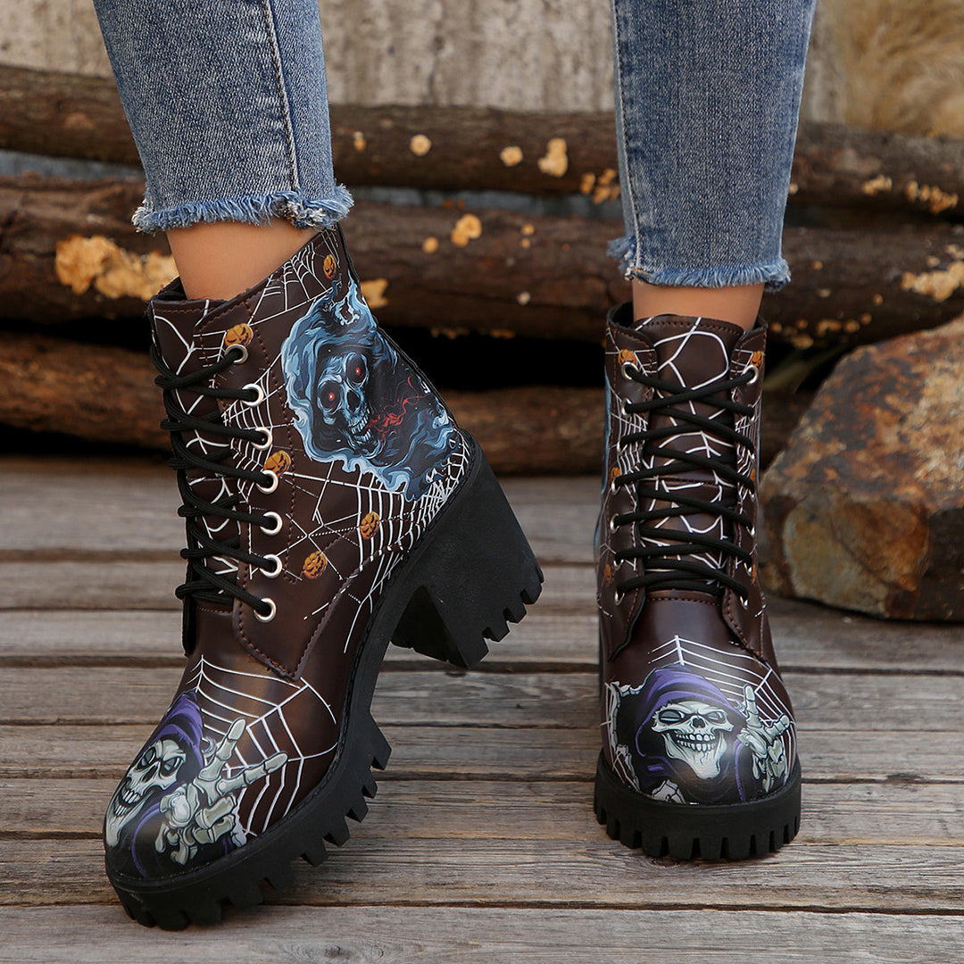 Damen Schnürstiefel mit Halloween-Motiv und robustem Blockabsatz Drune