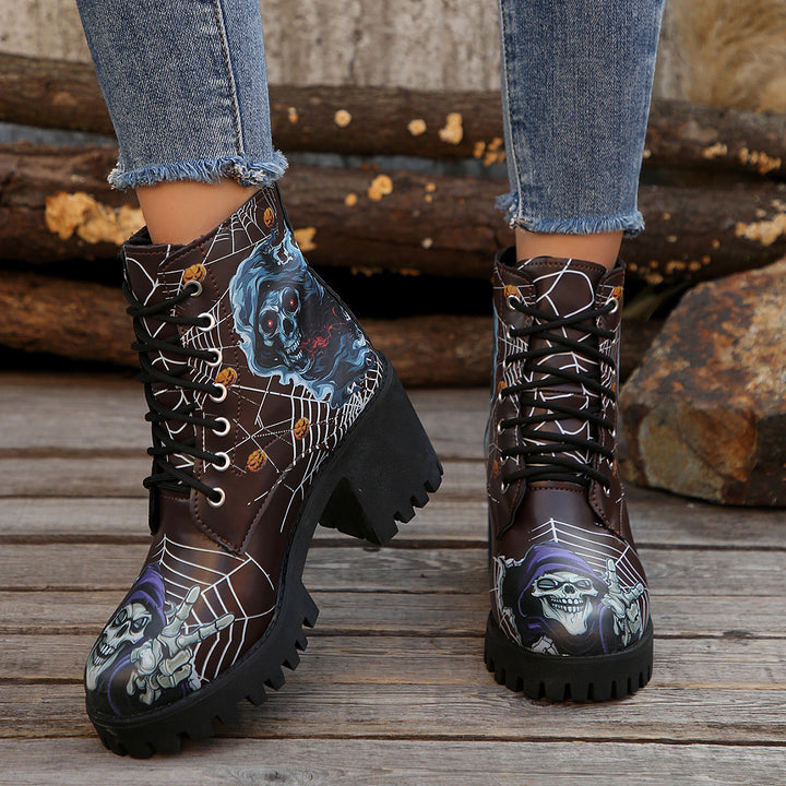 Damen Schnürstiefel mit Halloween-Motiv und robustem Blockabsatz Drune