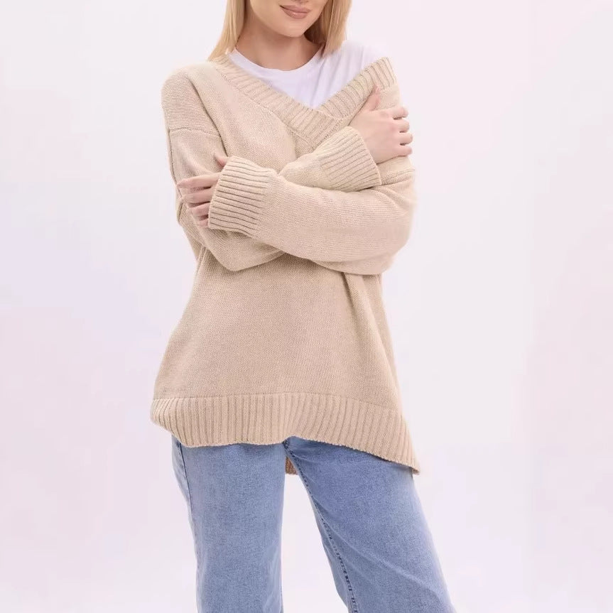 Damen Lässiger V-Ausschnitt Strickpullover