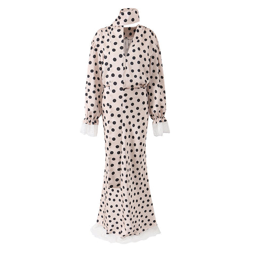 Damen Maxikleid im Retro‑Polka‑Dot‑Stil mit Spitzenbesatz und Taillengürtel Drune