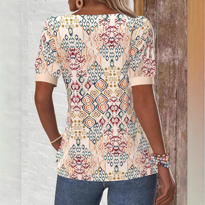 Damen nan leichtes Boho-Blusenshirt mit quadratischem Ausschnitt, Zierknopfleiste und geschwungenem Saum Drune
