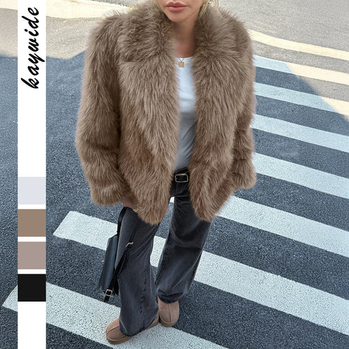 Damen nan kurzer Faux‑Fur Mantel mit voluminösem Schalkragen, Oversize‑Passform und weichen Textur Drune