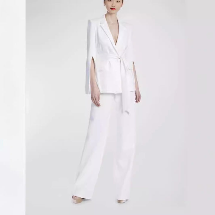 Damen Taillierter Cape-Blazer mit Bindegürtel und weiten Palazzohosen Drune