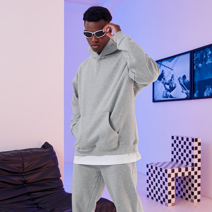 Herren Oversized Kapuzenpullover aus French-Terry mit Kängurutasche und Rippbündchen Drune