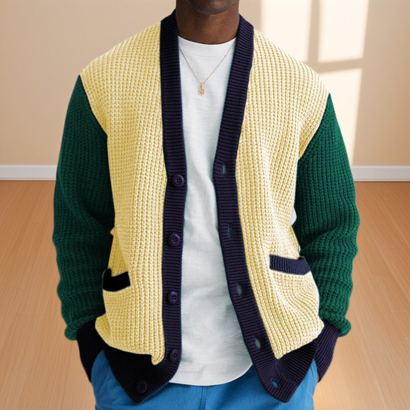 Herren Lässige Strickjacke im modernen Waffelmuster mit Kontrastärmeln und praktischen Taschen Drune