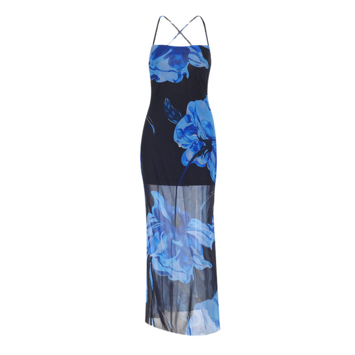 Damen elegantes Maxikleid mit transparentem Blumenmuster Drune