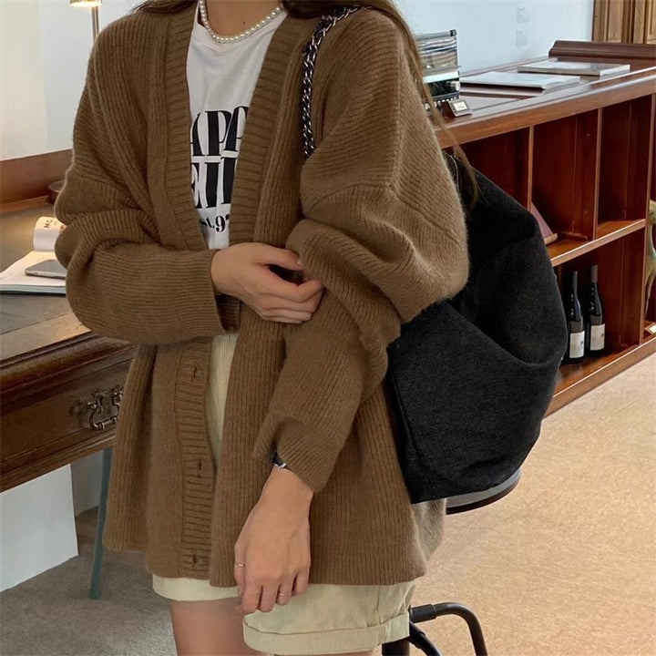 Damen kuschelige Strickjacke mit überschnittenen Schultern und Knopfdetails Drune