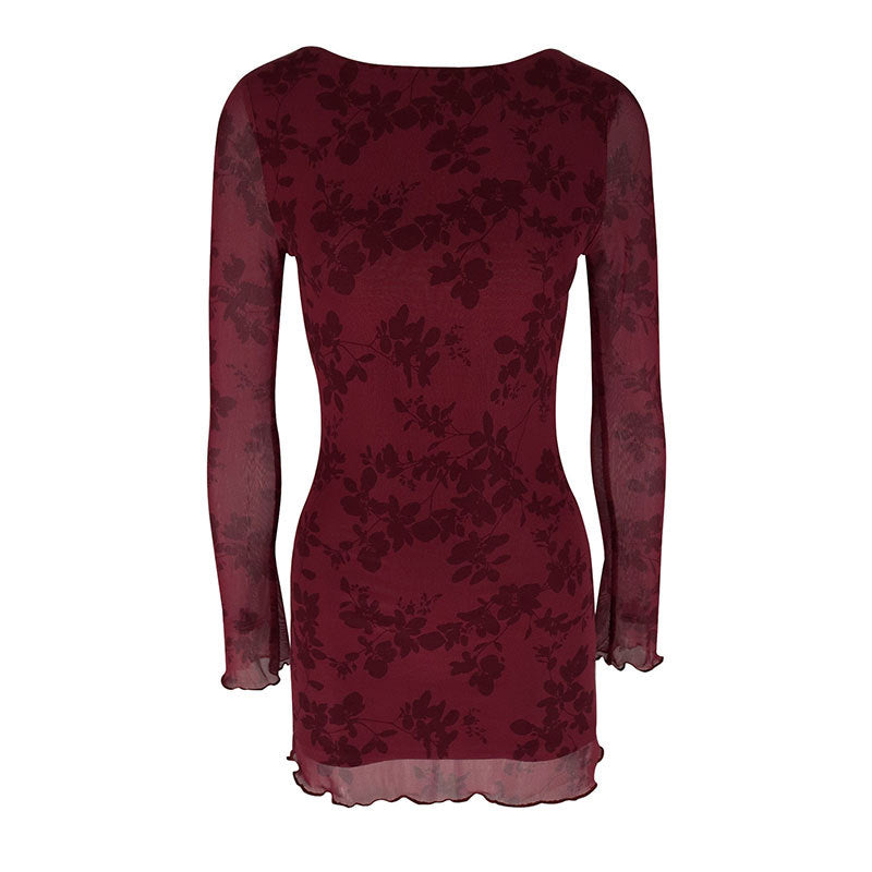 Damen Floral Minikleid mit transparenten Ärmeln Drune