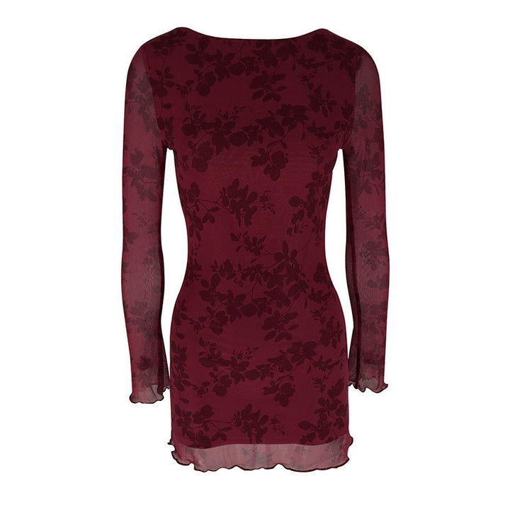 Damen Floral Minikleid mit transparenten Ärmeln Drune