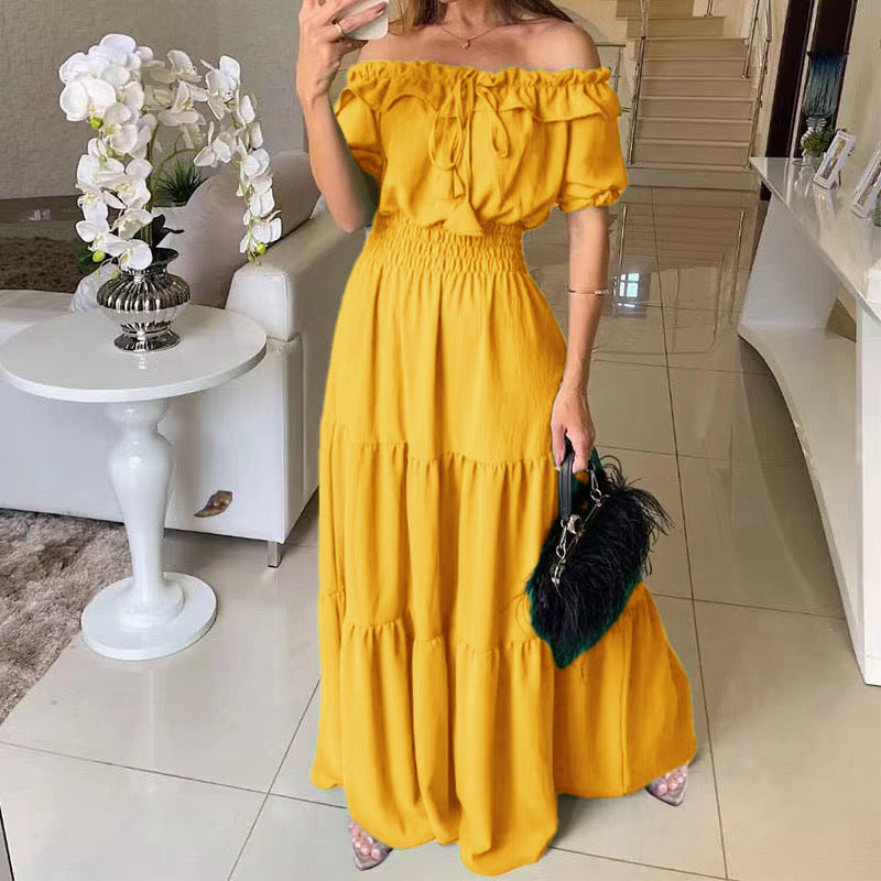 Damen Maxikleid mit schulterfreiem Design und voluminösen Rüschen Drune