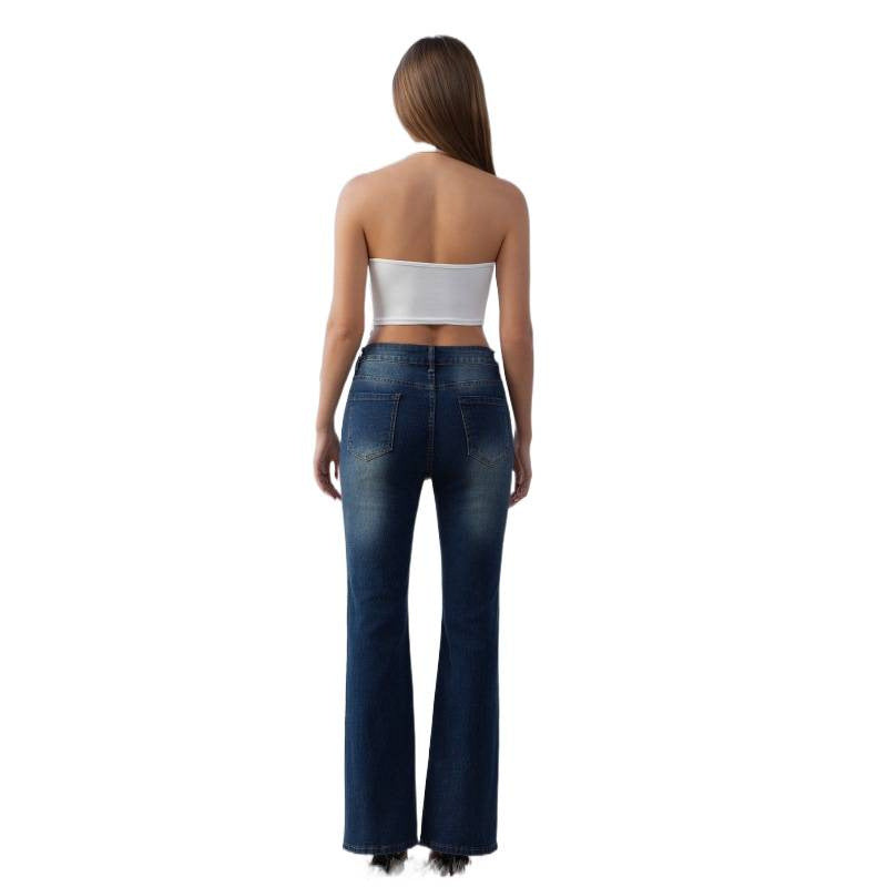Damen Flared Jeans mit hohem Bund und verziertem Bund Drune