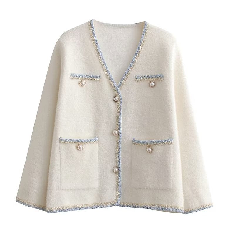 Damen elegante Strickjacke mit dekorativen Perlenknöpfen und praktischen Taschen Drune