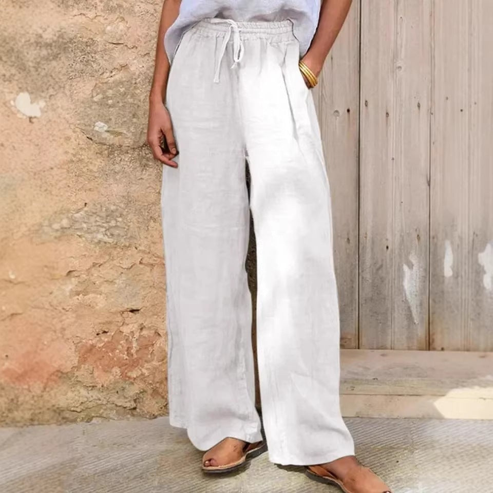 Damen Hochgeschnittene Leinenpalazzo-Hose mit Kordelzug und weitem Bein Drune