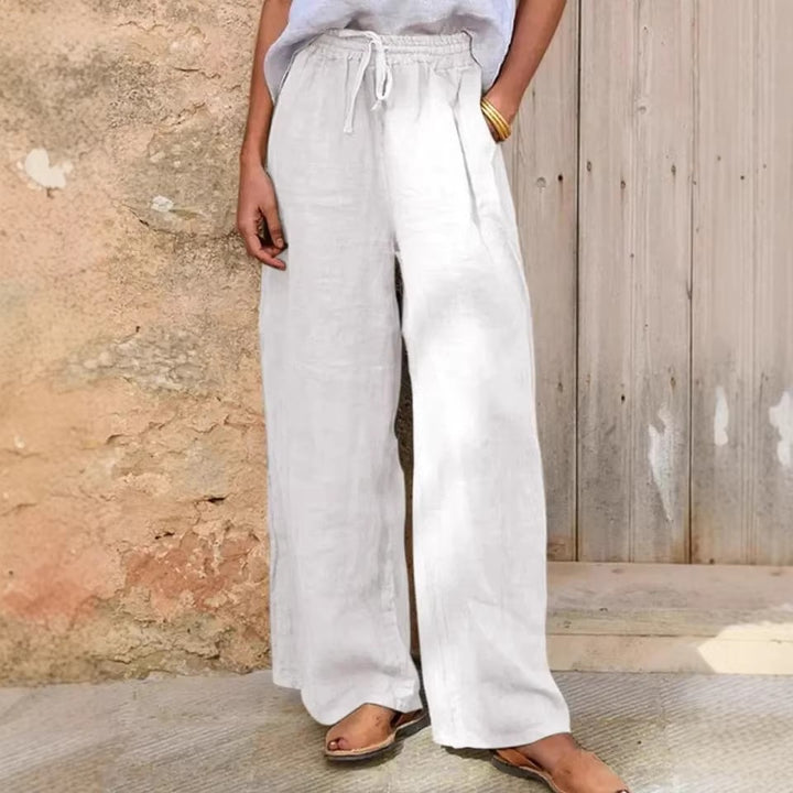 Damen Hochgeschnittene Leinenpalazzo-Hose mit Kordelzug und weitem Bein Drune