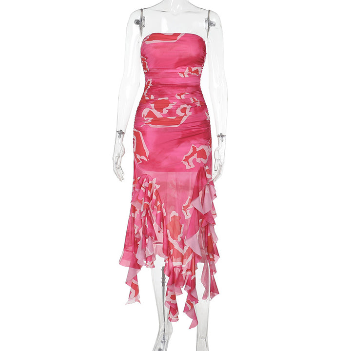Damen elegantes Rüschenkleid mit trägerlosem Oberteil und asymmetrischem Saum Drune