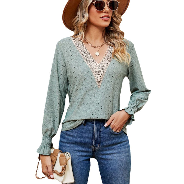 Damen Bluse mit luftigen Lochstickereien und V-Ausschnitt Drune