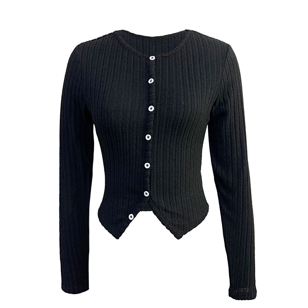 Damen gerippte Cropped-Strickjacke mit spitzem Saum und Knopfverschluss Drune