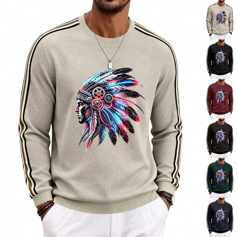 Herren Sweatshirt mit stilisiertem Kopfschmuck-Print und Kontraststreifen an den Ärmeln Drune