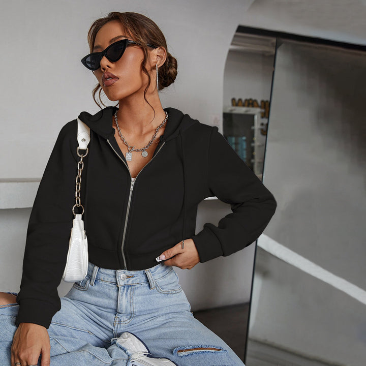 Damen kurze Kapuzenjacke mit durchgehendem Reißverschluss taillierter Silhouette und elastischen Bündchen Drune