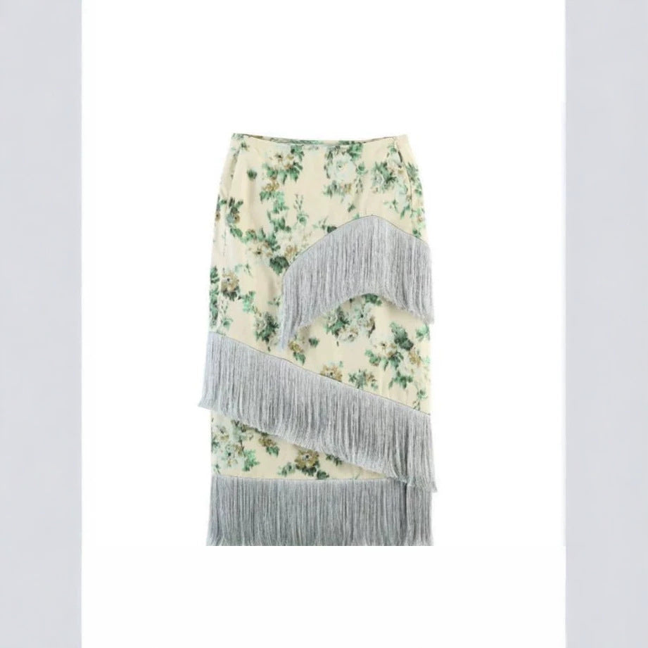Damen Floral bedruckter Midirock mit diagonalem Fransenbesatz und schlanker Silhouette Drune