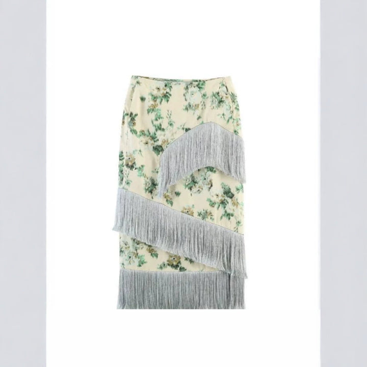 Damen Floral bedruckter Midirock mit diagonalem Fransenbesatz und schlanker Silhouette Drune