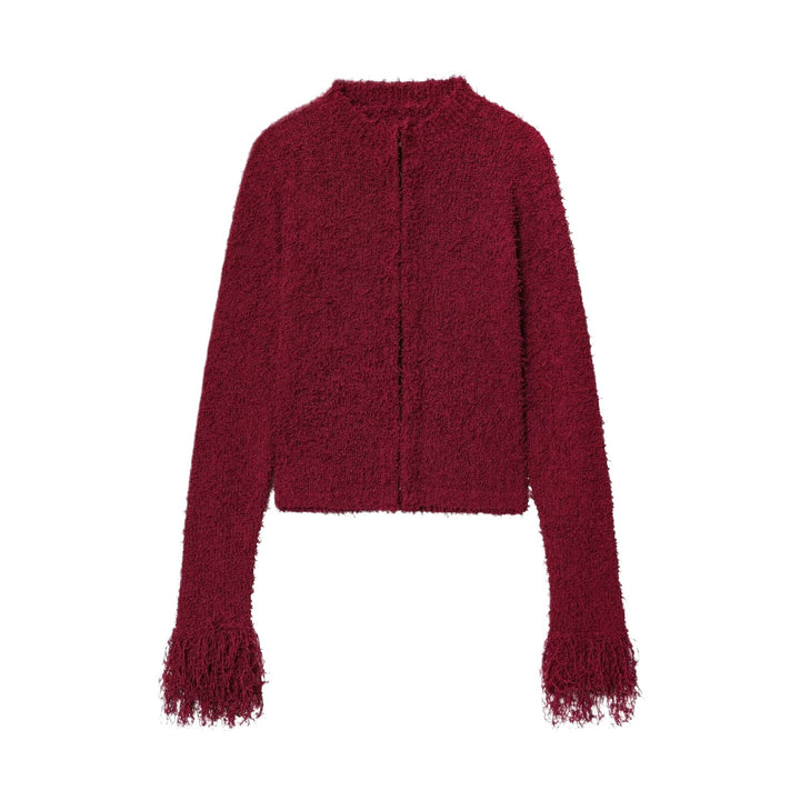 Damen Kuschelige Strickjacke mit fransigen Ärmeln und modischem Kragen Drune