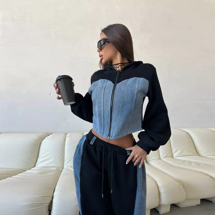 Damen modisches cropped Sweatjacke und weite Hose Set Drune