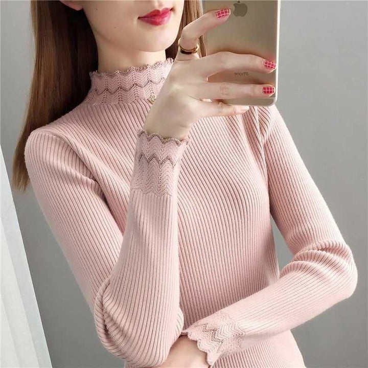 Damen Strickpullover mit steigendem Kragen und Wellenmuster Drune