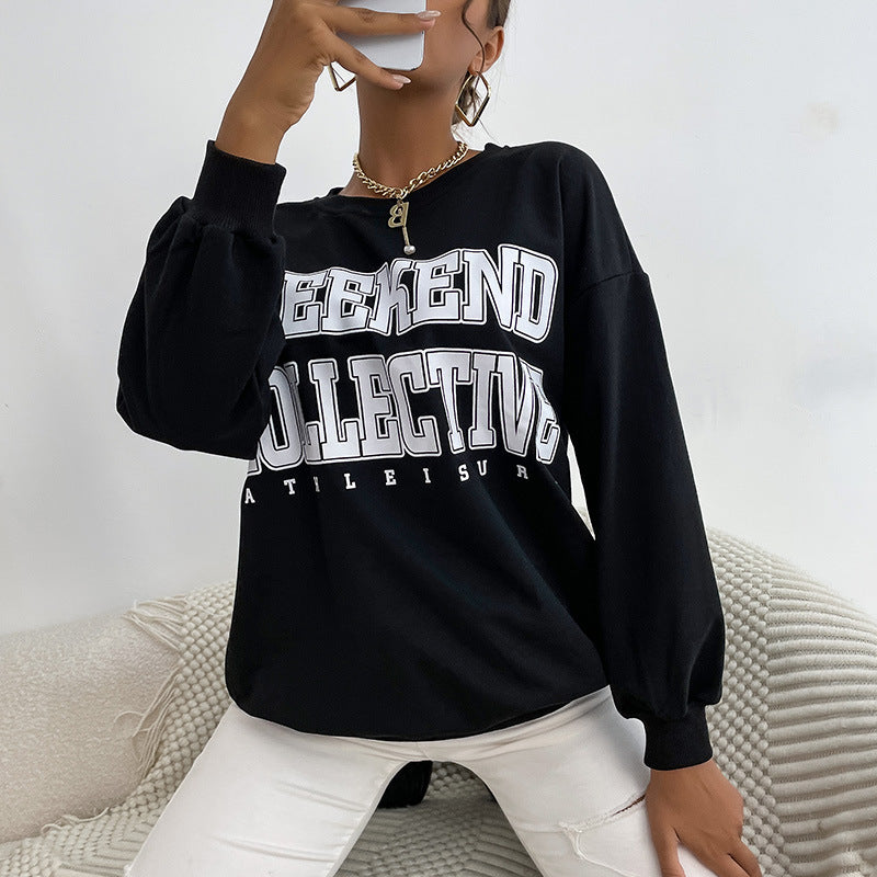 Damen Oversize Sweatshirt mit College-Print und Rundhalsausschnitt Drune