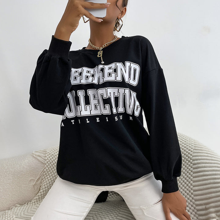 Damen Oversize Sweatshirt mit College-Print und Rundhalsausschnitt Drune
