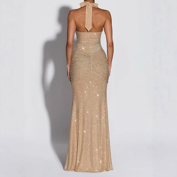 Damen Glamouröses Abendkleid mit tiefem V-Ausschnitt und funkelnden Details Drune