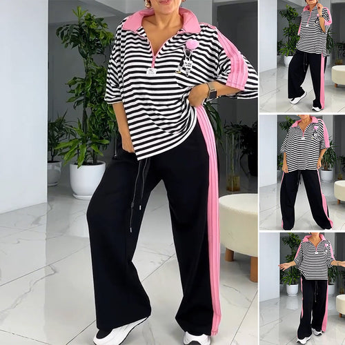 Damen nan lässiges zweiteiliges Polo-Lounge-Set mit Oversize-Streifen, Pompom-Applikation und kontrastierenden Seitenbahnen Drune