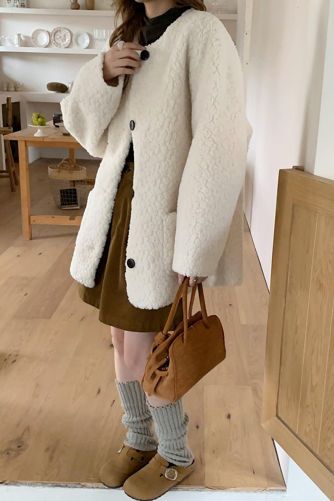 Damen Oversized Teddy‑Mantel mit Rundhals, großer Knopfleiste und aufgesetzten Taschen Drune