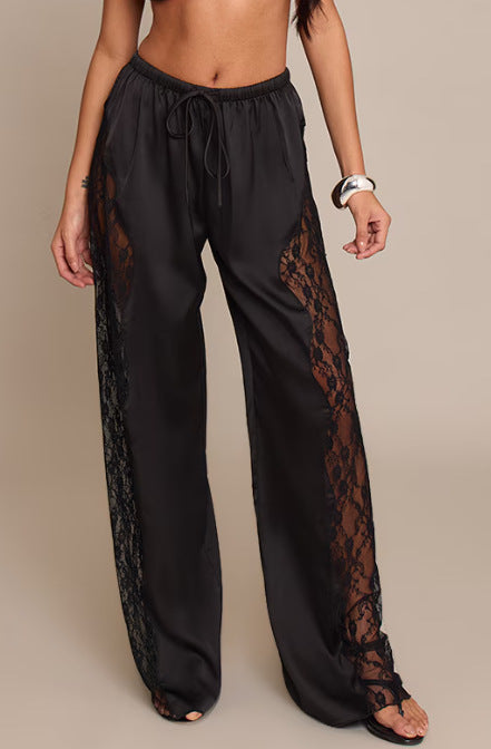 Damen nan Satinhose mit seitlichen Spitzeneinsätzen, weitem Bein und Tunnelzug Drune