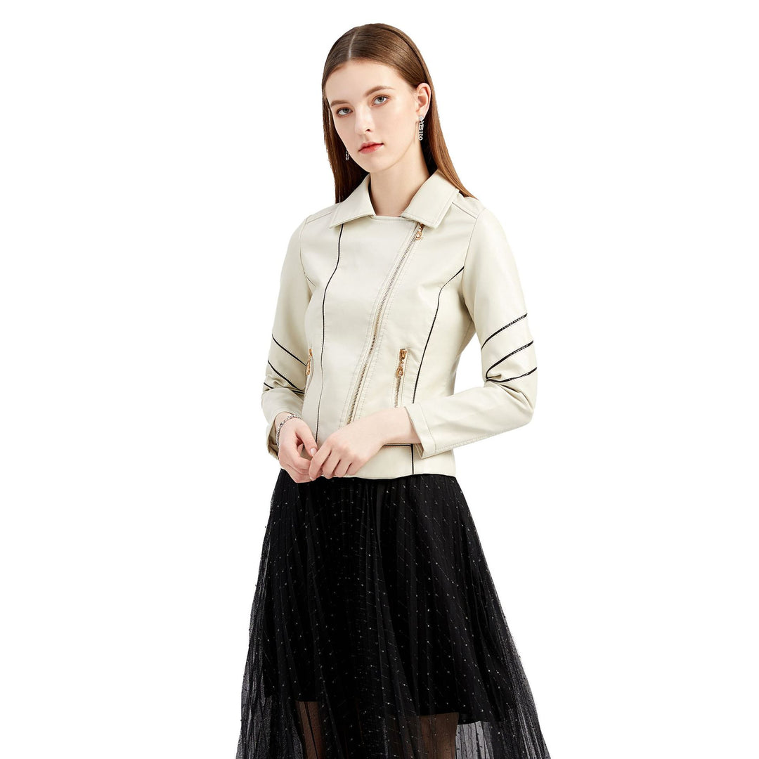 Damen nan taillierte Kunstleder-Bikerjacke mit asymmetrischem Reißverschluss und Ziernähten Drune