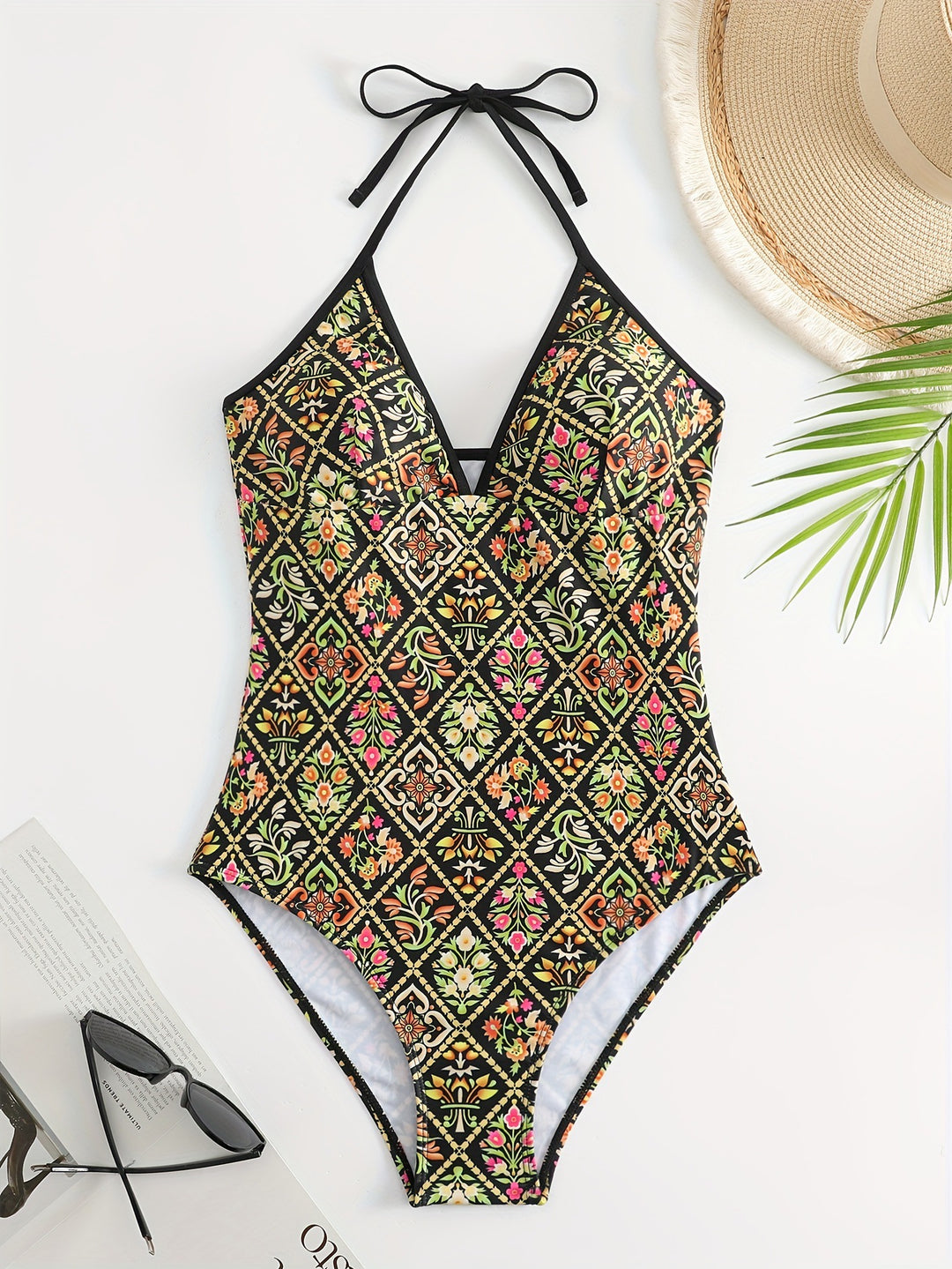 Damen Einteiliger Badeanzug mit modischem floralem Design Drune