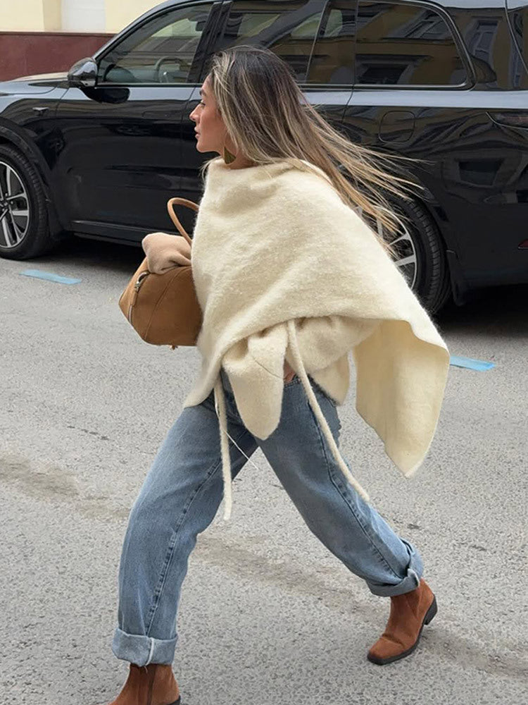 Damen Oversize Wollmix-Poncho mit asymmetrischem Fall und Bindebändern Drune