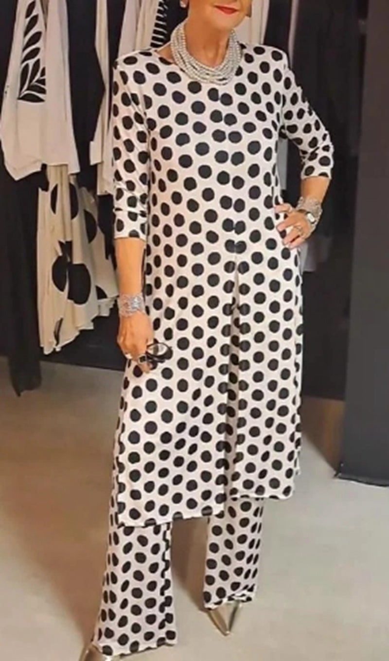 Damen nan Pünktchen-Lounge-Ensemble mit langer A-Linien-Tunika, mittigem Frontschlitz und weiter Palazzohose Drune