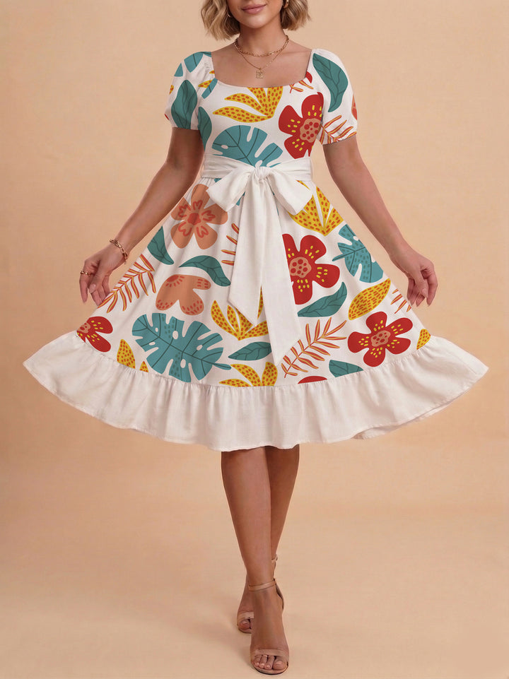 Damen Sommerliches Blumenkleid mit taillierbarem Gürtel und voluminösen Ärmeln Drune