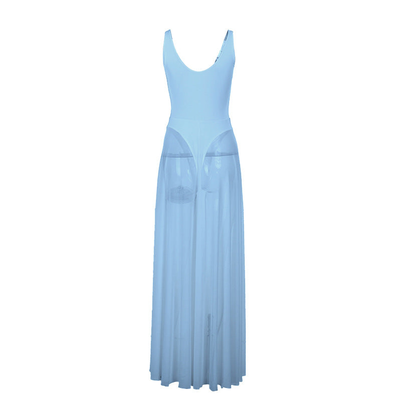 Damen Stilvolles Maxikleid mit transparentem Rock und elegantem V-Ausschnitt Drune