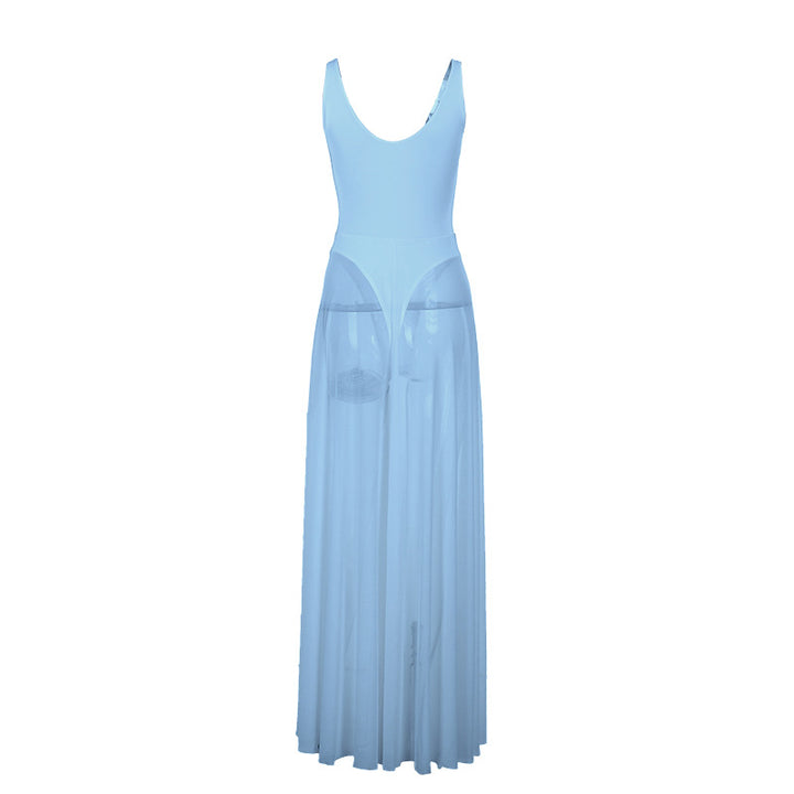 Damen Stilvolles Maxikleid mit transparentem Rock und elegantem V-Ausschnitt Drune