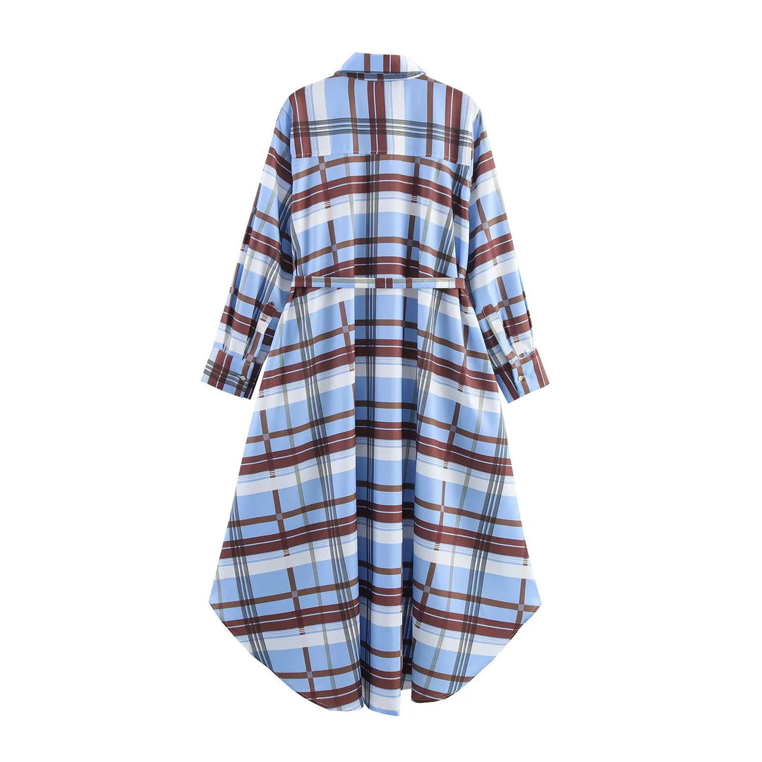Damen nan kariertes Hemdblusenkleid mit Taillengürtel, durchgehender Knopfleiste und abgerundetem Hoch-Tief-Saum Drune