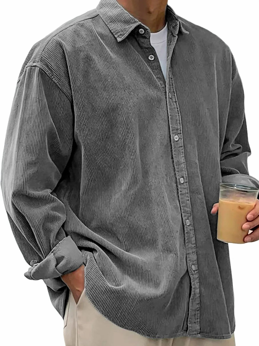 Herren nan langärmliges Oversize-Cordhemd mit Hemdkragen und durchgehender Knopfleiste Drune