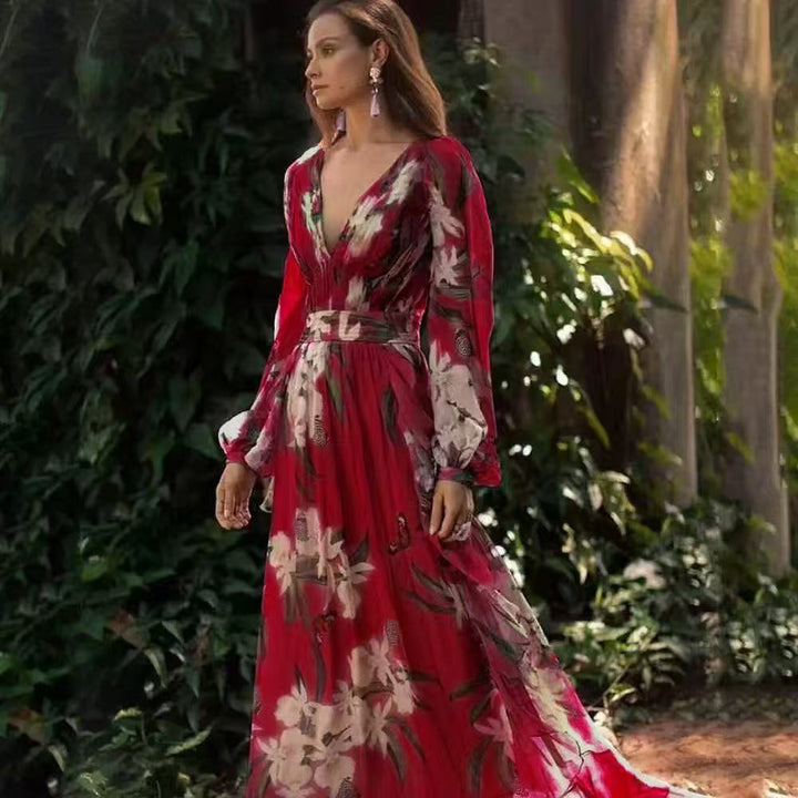 Drune | 3/4 Arm V-Ausschnitt Maxikleid für Eleganz