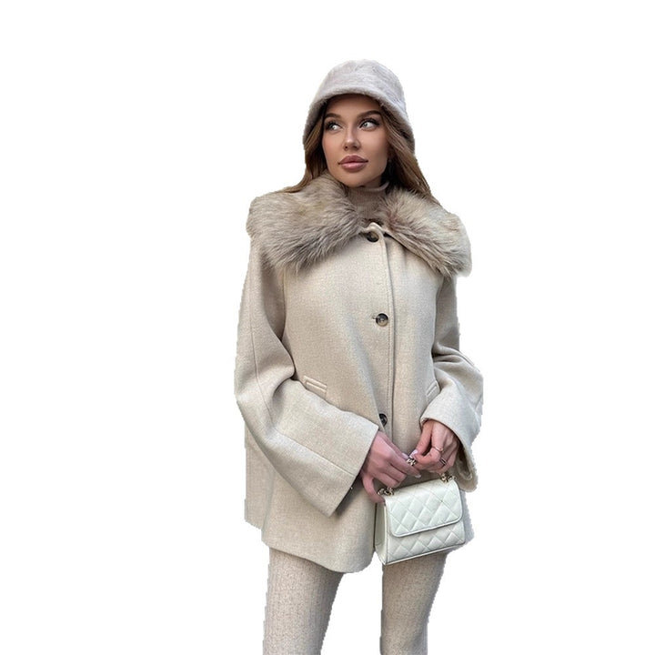 Damen Kurzmantel mit Webpelz-Schalkragen & kastiger Oversize-Silhouette Drune