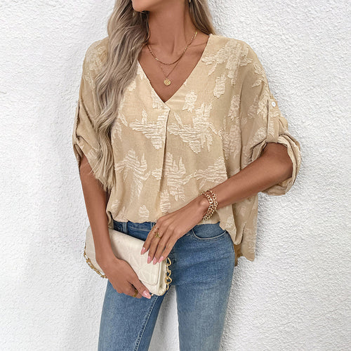 Damen Modische Bluse mit V-Ausschnitt und floralen Applikationen Drune
