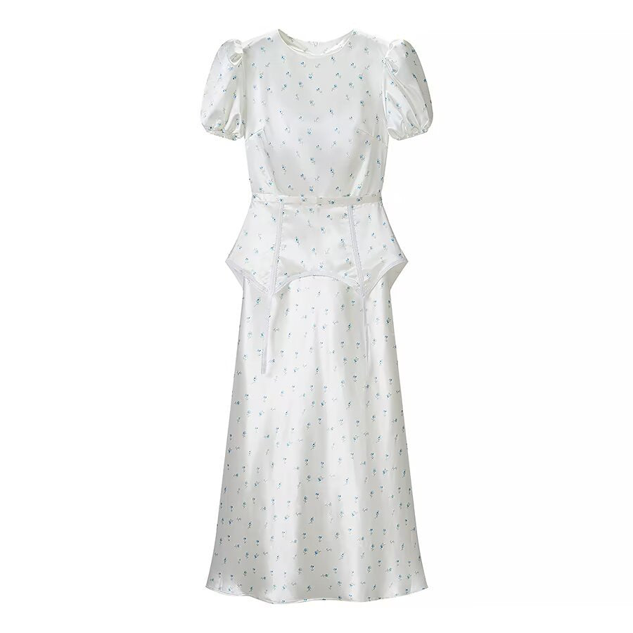 Damen Midikleid aus Satin mit Puffärmeln, integrierter Korsagen-Peplum und zartem Blumenprint Drune