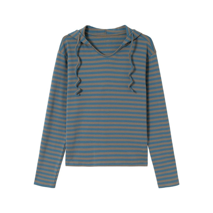 Damen Gestreiftes Langarm-Hoodie-Shirt mit V‑Ausschnitt und Kapuzenband Drune