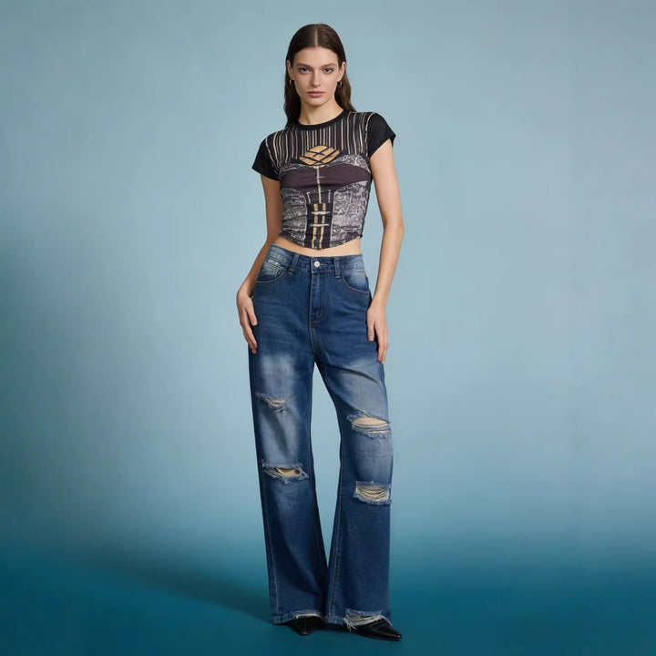 Damen weite Jeans mit stylischem Destroyed-Detail und bequemer Passform Drune