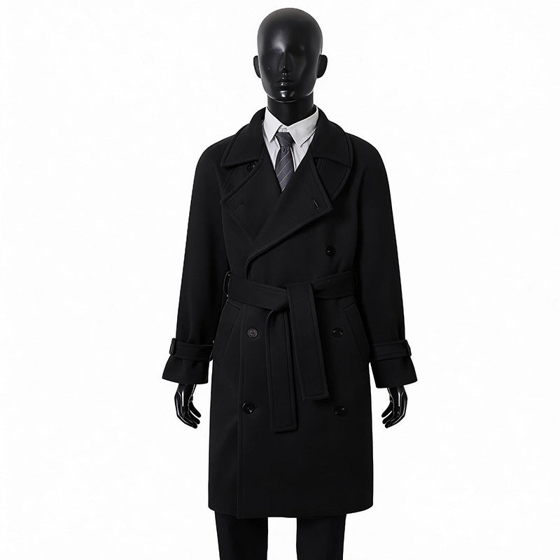 Herren Eleganter Mantel im Longcoat‑Stil aus Wollmix mit Doppelreihe, taillierendem Bindegürtel und dekorativer Schulterpasse Drune